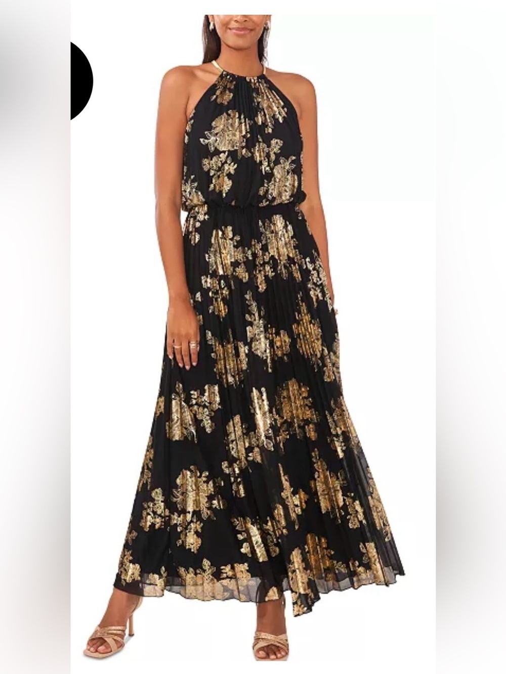 Metallic-Print Pleated Blouson Gown- Navy & Gold